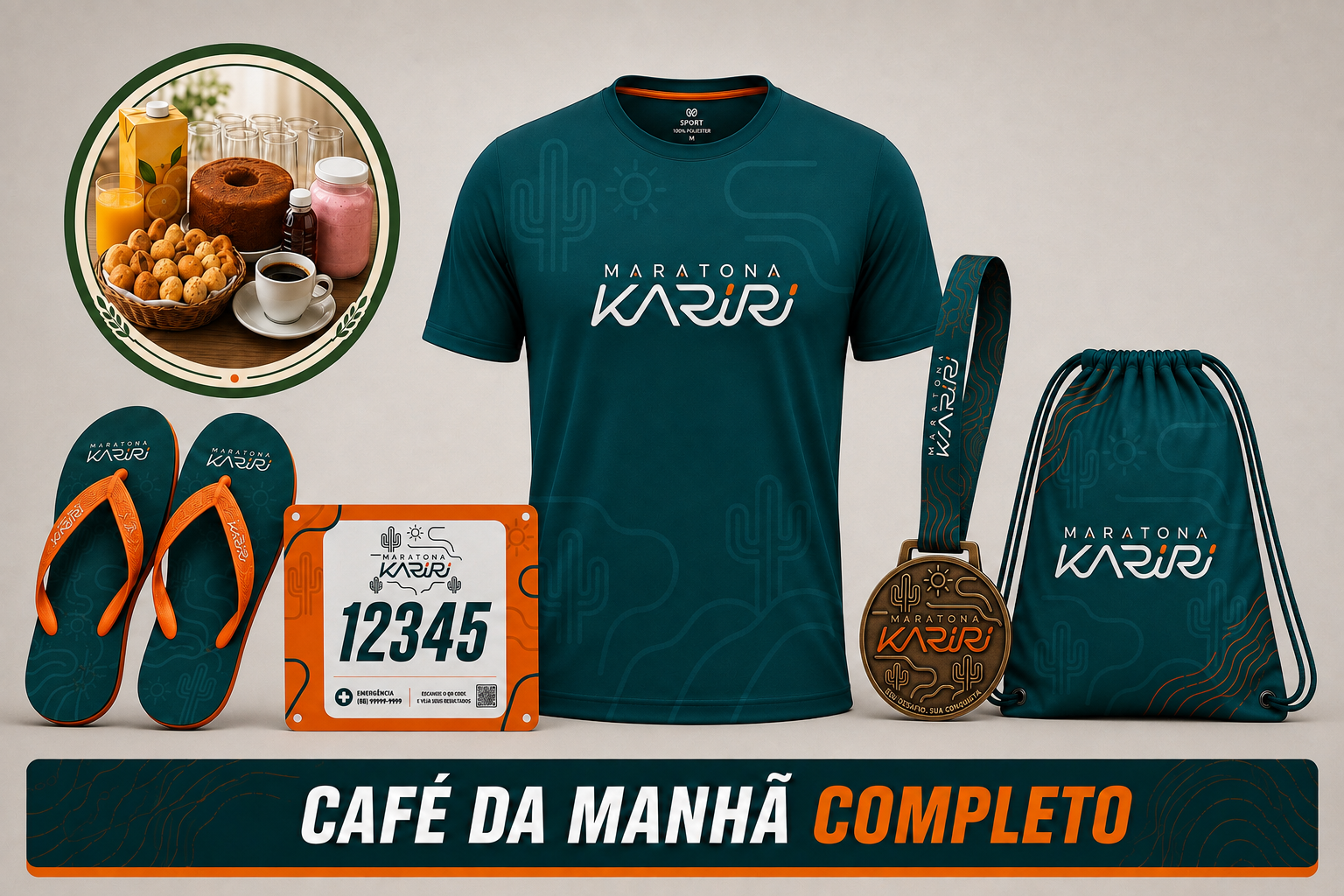 Kit Atleta da Maratona Kariri com camisa, sandália, sacochila, número de peito, medalha e café da manhã