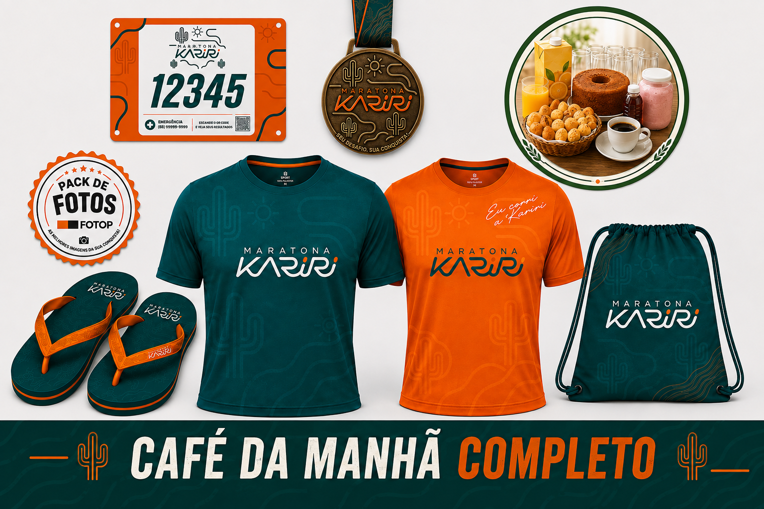 Kit Maratonista da Maratona Kariri com camisas verde e laranja, sandália, sacochila, número de peito, medalha, fotos e café da manhã